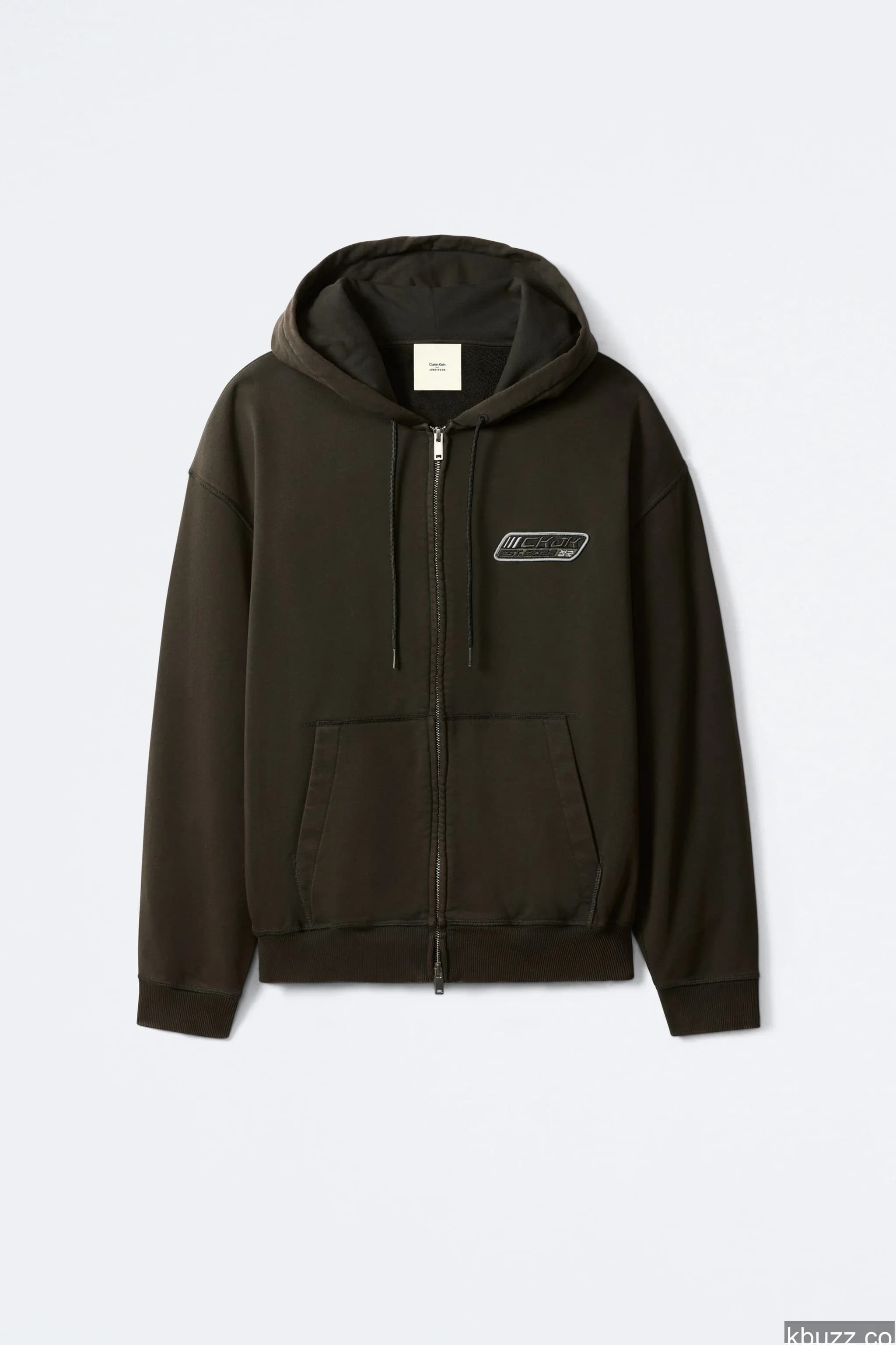 Dark olive/black zip-up hoodie with the same CKJK racing patch